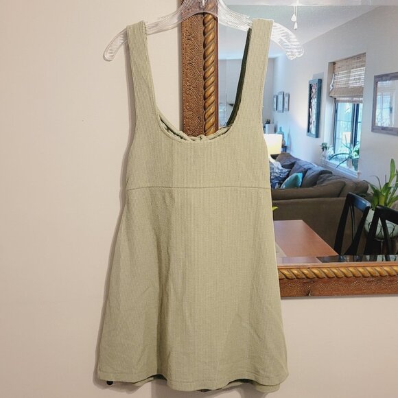 NEW Free People FP Beach Olivia Ribbed Mini Dress Sage Green Keyhole Tie Button - Picture 5 of 5